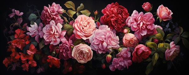 A vibrant explosion of roses on a deep, mysterious black backdrop paints a captivating scene of natural beauty and wonder
