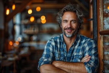 Confident mature man with a winning smile poses in a warm, inviting cafe atmosphere