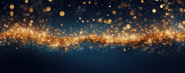 abstract background with Dark blue and gold particle. Christmas Golden light shine particles bokeh on navy blue background. Gold foil texture.