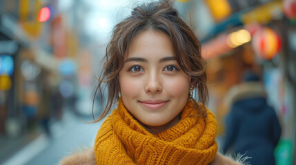 Korean young beautiful smiling woman on a blurred background of a city street, portrait, person, business lady, Asian girl, Japanese, eyes, black hair, beauty, walk, outside, people, Chinese