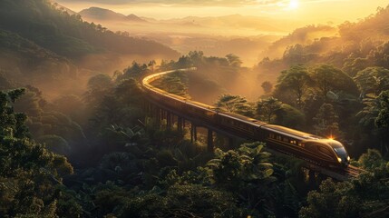 Scenic dawn train journey through green forest