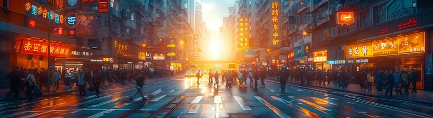 An electric blue sky looms over a blurry picture of people leisurely walking down a city street at sunset, creating a serene natural landscape amidst the citys hustle and bustle - obrazy, fototapety, plakaty
