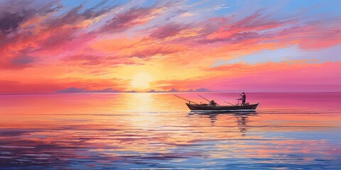 As the sky blazes with the colors of sunrise, a solitary boat glides across the calm water, reflecting the stunning landscape and carrying its passengers on a wild journey through the untamed beauty
