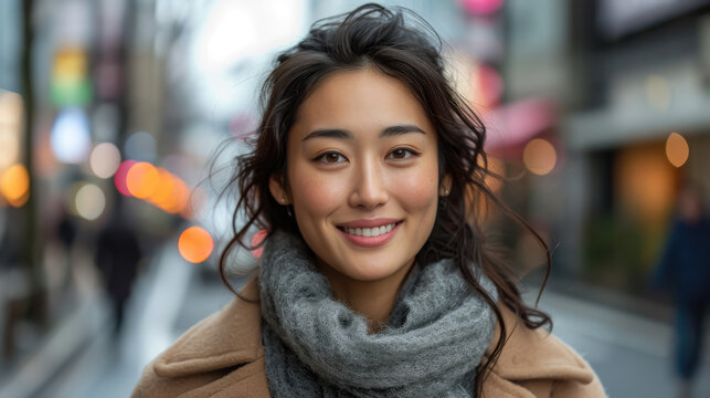 Korean young beautiful smiling woman on a blurred background of a city street, portrait, person, business lady, Asian girl, Japanese, eyes, black hair, beauty, walk, outside, people, Chinese