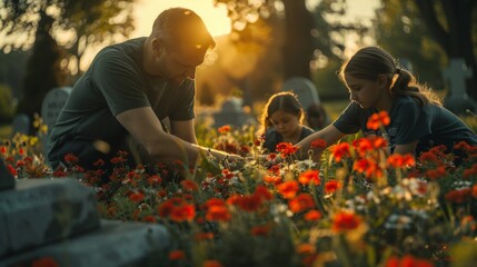 Family paying respects at gravesite with flowers - obrazy, fototapety, plakaty