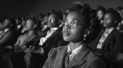 Black and white portrait of a beautiful african american woman in eyeglasses at the conference hall. Black history Month concept.