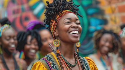 Fototapeta premium African women in traditional clothing on the street. Black History Month concept.