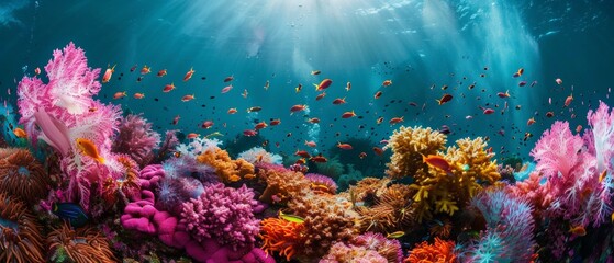 Vibrant underwater coral reef teeming with marine life