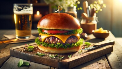 Burger with juicy beef, cheese, lettuce, tomato on Brioche, rustic board. Juicy burger on brioche bun, with drink, feels like spring.