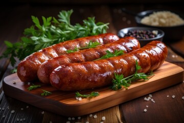 Grilled sausages on the grill, closeup view