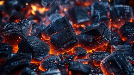 Zelfklevend Fotobehang BBQ Grill With Glowing And Flaming Hot Charcoal Briquettes, Food Background Or Texture © Vasiliy
