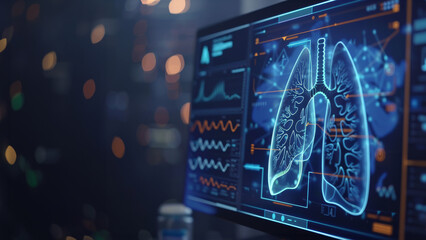 Computer screen with anatomic lungs with an interface with medical information. Electronic health record (EHR) concept. Medical futuristic technology. - obrazy, fototapety, plakaty
