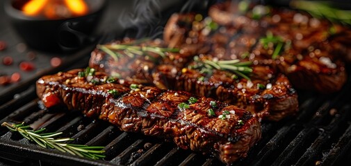 grilling steaks on flaming grill and shot with selective focus. Dark background - obrazy, fototapety, plakaty