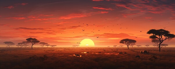 Fototapeta na wymiar serene sunrise over a vast savannah