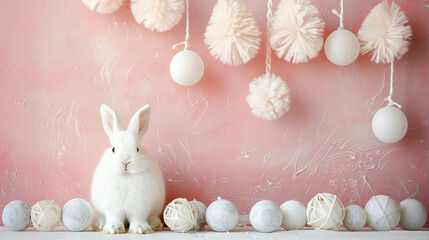 Naklejka na ściany i meble Happy Easter. Horizontal banner. Cute white bunnies rabbits on pink background