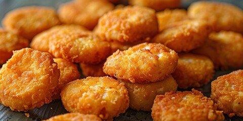 Background of golden fried chicken nuggets in breadcrumbs.