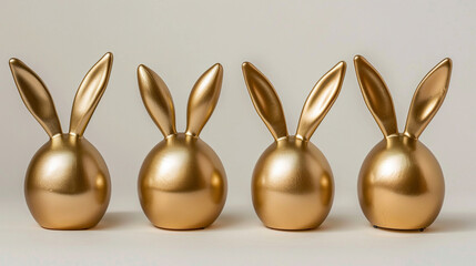 Obraz premium Happy Easter. Horizontal banner. Golcen ceramic bunnies rabbits on light background