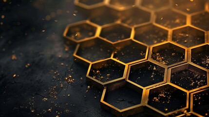 Gold metallic hexagons like honeycomb on dark background, gold sprinkles