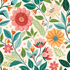 Floral seamless pattern with cute wild  flowers and leaves isolated on a white background