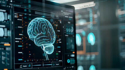 Computer screen with anatomic brain with an interface with medical information. Electronic health record (EHR) concept. Medical futuristic technology. - obrazy, fototapety, plakaty