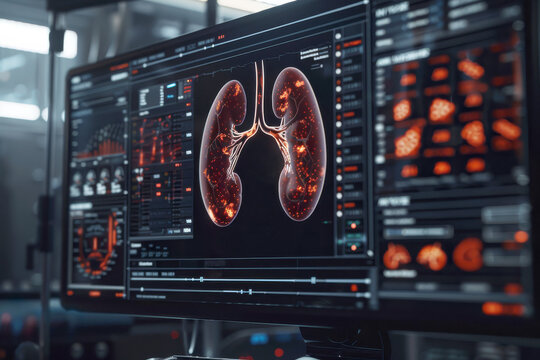 Computer screen with anatomic kidneys with an interface with medical information. Electronic health record (EHR) concept. Medical futuristic technology.