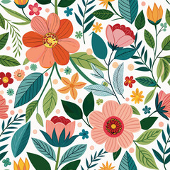 Floral seamless pattern with cute wild  flowers and leaves isolated on a white background