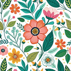 Floral seamless pattern with cute wild  flowers and leaves isolated on a white background