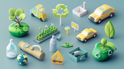 A 3D vector icon set representing various environmental elements including the Earth, electric cars, non-toxic factories, recycle symbols, rubbish bins, plastic bottles, faucets, and leaves