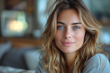 Fototapeta premium Natural light portrait of a relaxed woman with beachy waves, offering a warm smile indoors
