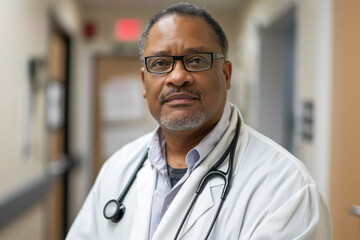 Male portrait of an elderly black African-American doctor in a white coat and with a stethoscope looking into a camera in a clinic, health