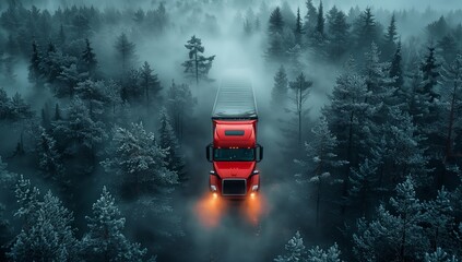 A red semi truck with automotive lighting is navigating through a foggy forest, surrounded by trees and natural landscape