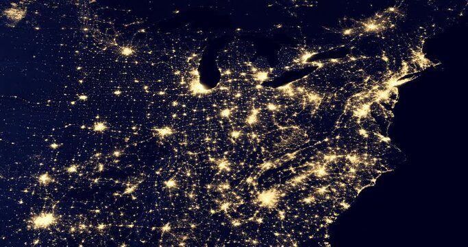 Beautiful Light of Night Cities USA from the Orbiting Satellite. Night map of the US east coast with densely populated areas. Elements of this image courtesy of NASA