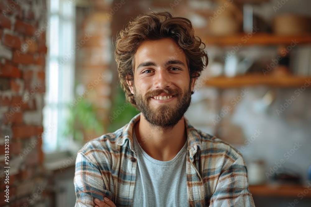 Wall mural A handsome young man with a natural smile and casual attire appears welcoming and relaxed in an indoor setting