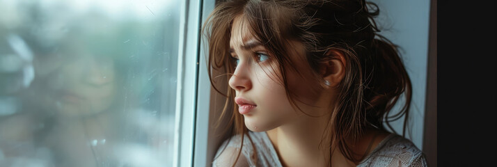 beautiful lonely teenage girl looks out the window and cries, sad woman, portrait, eyes, tears, sadness, negative emotions, facial expression, melancholy, grief, depression, person, glass, drops, pain