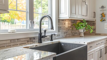 A close-up of a farmhouse kitchen sink featuring a black faucet, mosaic tile backsplash, marble countertops, and white cabinets