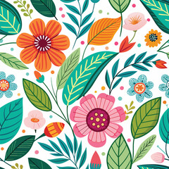 Floral seamless pattern with cute wild  flowers and leaves isolated on a white background