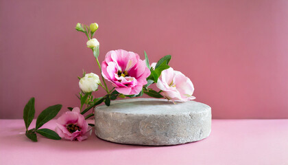 Round podium with flowers on pink background for beauty product placement, advertising. Copy space
