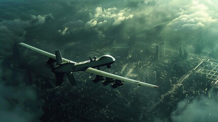 Naklejka premium Advanced UAV drone flying on a surveillance mission over the cityscape