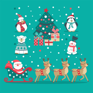 Christmas set with tree, polar bear, snowman, Santa with reindeer on blue background. 