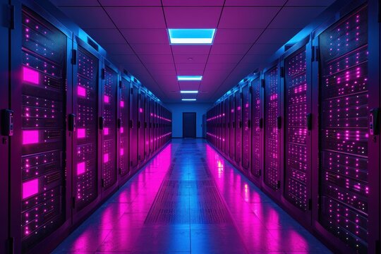 Server Room: Data Center in Dazzling LED Light, Symbol of Efficiency and Modern Technology