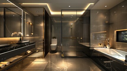 A comprehensive view of a luxurious bathroom featuring a shower, bathtub, washbasin, and mirror