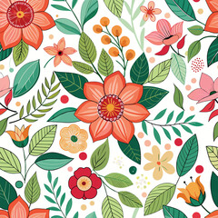 Floral seamless pattern with cute wild  flowers and leaves isolated on a white background