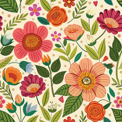 Floral seamless pattern with cute wild  flowers and leaves isolated on a white background