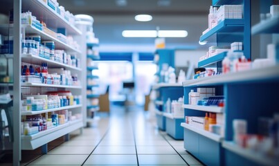 Fototapeta premium A pharmacy store abstract blurred background with medicine standing on the shelves