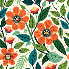 Floral seamless pattern with cute wild  flowers and leaves isolated on a white background