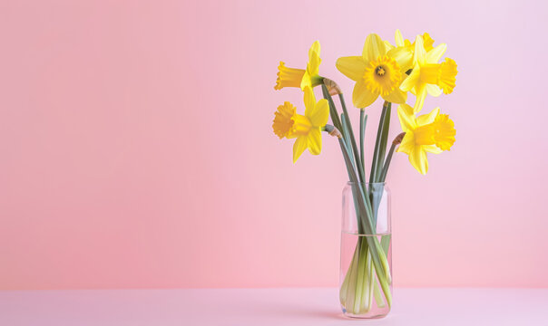 bright yellow daffodil flowers in a clear glass vase on a pastel pink background, free space for text 
