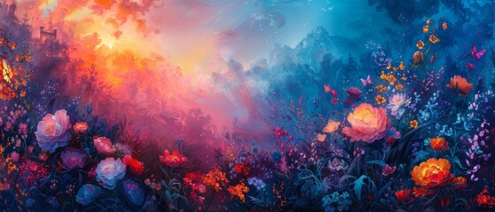 Vivid abstract painting depicting a blooming flower field