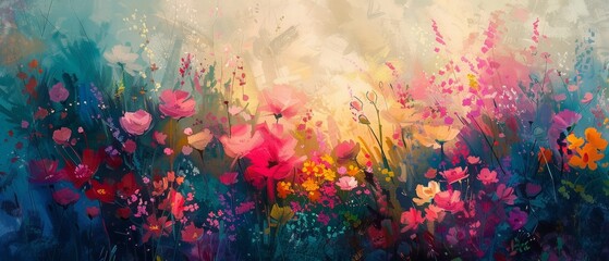 Vivid abstract painting depicting a blooming flower field - obrazy, fototapety, plakaty