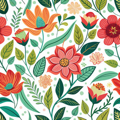Floral seamless pattern with cute wild  flowers and leaves isolated on a white background