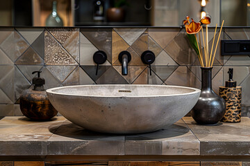 A contemporary powder room. Geometric interior design.